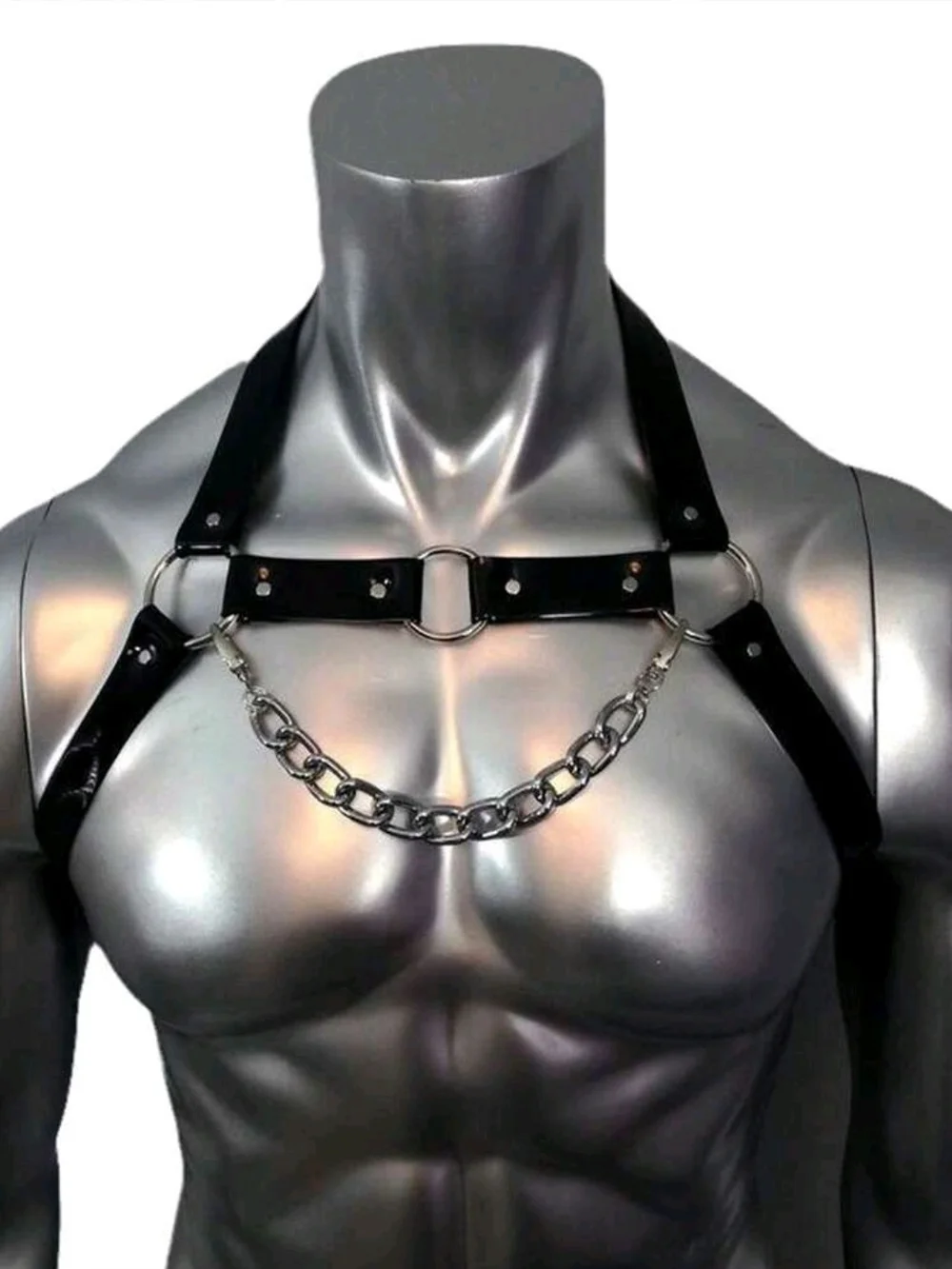 Men's Black Pu Leather Punk Style Chest Harness with Silver Chain